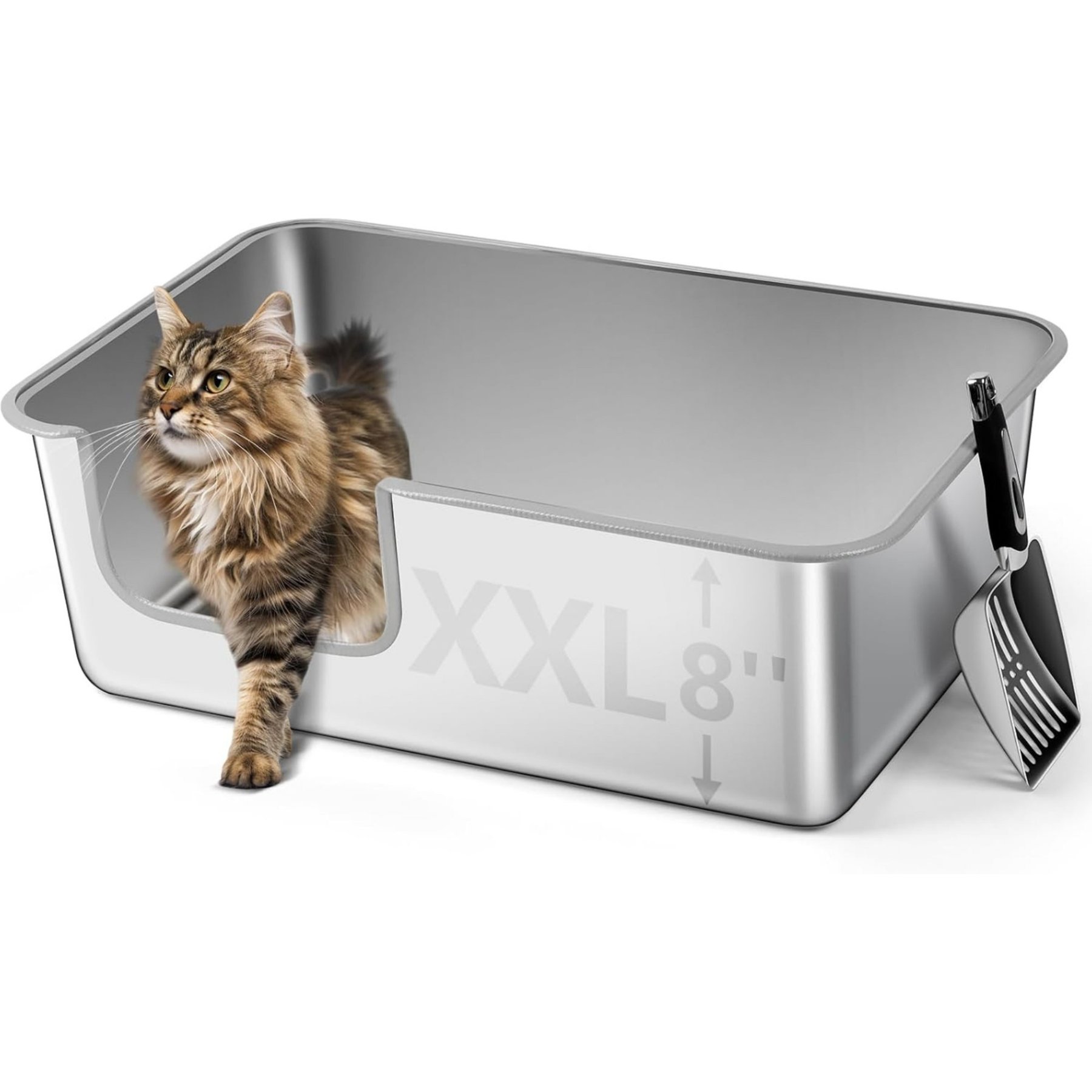 Bartuke Anti-Leakage Non-Sticky Semi Enclosed Removable Metal Tray Stainless Steel Cat Litter Box with High Sided Enclosure & Scoop, XX-Large: 23.6 x 15.7 x 8-in, Grey