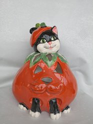 Blue Sky Clayworks Kitty Pumpkin Tealight Holder