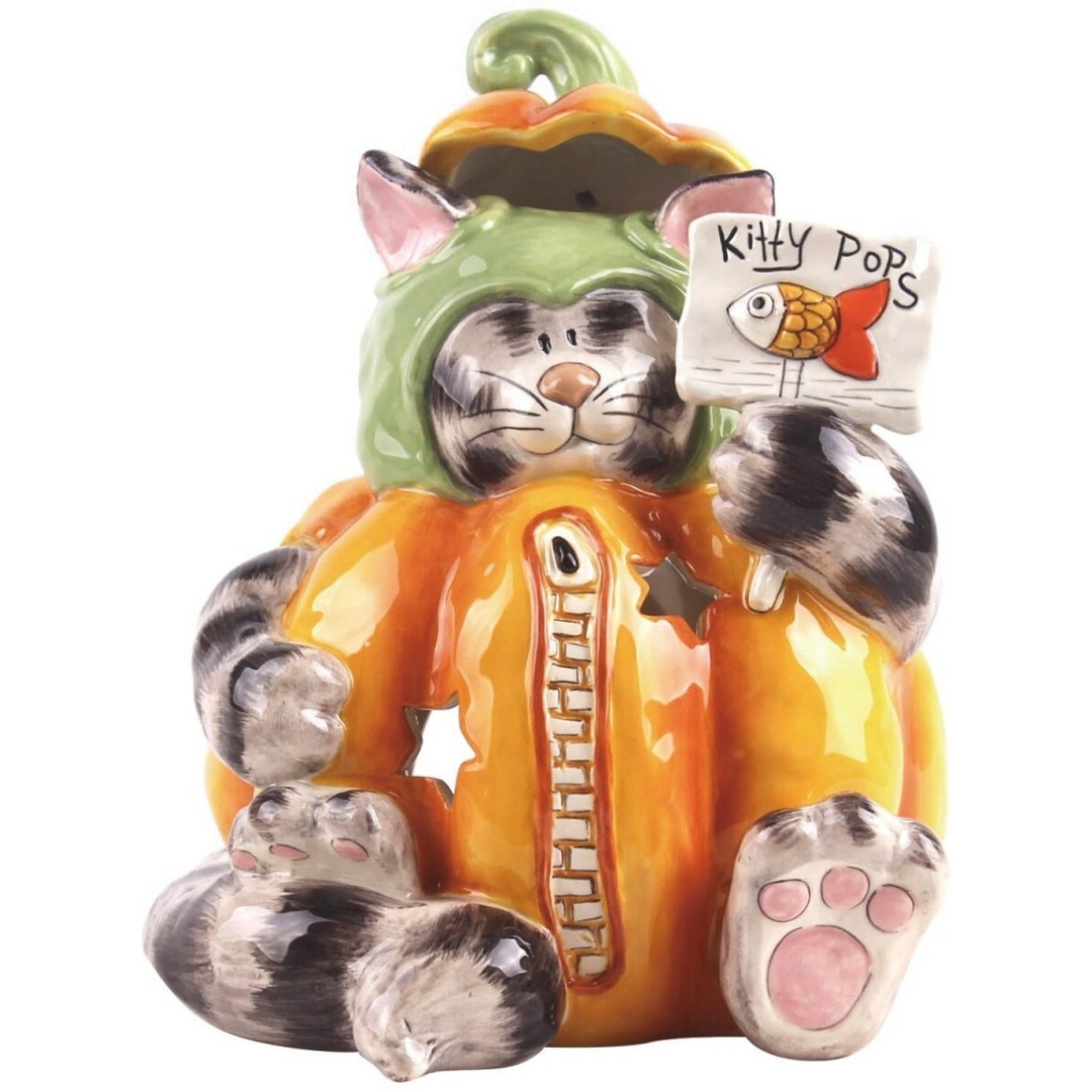 Blue Sky Clayworks Pumpkin Grey & Black Cat Tealight Holder