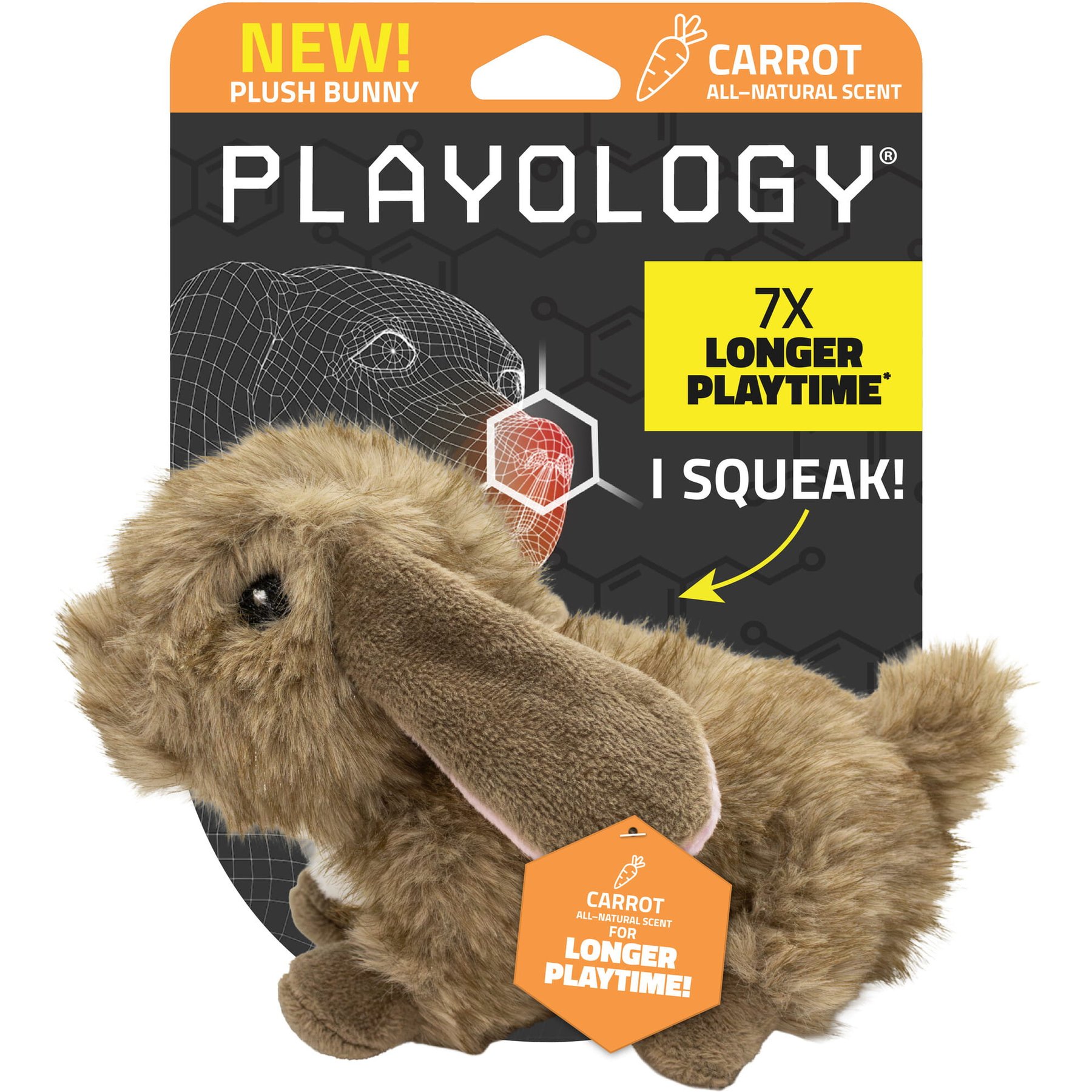 Playology Carrot Scented Bunny Plush Squeaky Dog Toy, Brown, Small