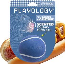 Playology Squeaky Chew Ball Hot Dog Scented Dog Toy, Blue, Medium