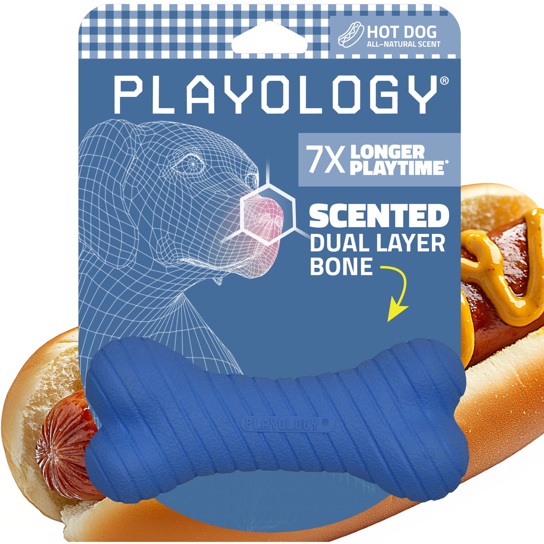 Playology Dual Layer Bone Hot Dog Scented Dog Toy, Blue, Medium