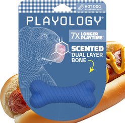 Playology Dual Layer Bone Hot Dog Scented Dog Toy, Blue, Small