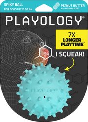 Playology Peanut Butter Scented Spiky Tough Squeaky Ball Dog Toy, Blue, Medium