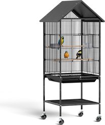 Winado Wrought Iron Metal Rolling Parrot Cage with Roof-Top, Black, 51-in
