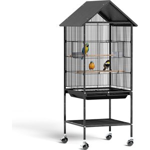 Winado Wrought Iron Metal Rolling Parrot Cage with Roof-Top, Black, 51-in