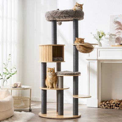 Hittite Hittite Modern Multi-Level Wooden Tower Cat Tree with Scratching Posts with Top Bed, Condo, Capsule Perch & Furniture-Style Cat Activity Center, 27 x 23 x 64-in, Natural Gray