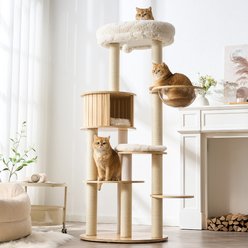 Hittite Modern Multi-Level Wooden Tower Cat Tree with Scratching Posts with Top Bed, Condo, Capsule Perch & Furniture-Style Cat Activity Center, 27 x 23 x 64-in, Natural White