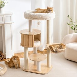 Hittite Modern Multi-Level Wooden Tower Cat Tree with Scratching Posts, Spacious Top Bed, Condo & Capsule Perch, 23 x 19 x 48-in, Natural White