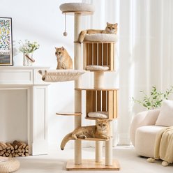 Hittite Modern Wooden Multi-Level Cat Tree Tower with 2 Semi-Enclosed Caves, Hammock, Elevated Top Beds & Sisal Scratching Posts, Natural, 23 x 19 x 70-in slide 1 of 9