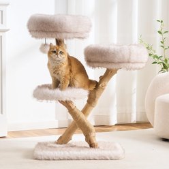 Hittite Modern Aesthetic Natural Wood Cat Tree with Branch-Style Scratching Posts, Natural Loft, Perch, Hanging Ball & Luxury Plush Faux Fur Bed, 24 x 16 x 38-in, Frosted Ivory