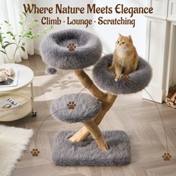 Hittite Modern Aesthetic Natural Wood Cat Tree with Branch-Style Scratching Posts, Natural Loft, Perch, Hanging Ball & Luxury Plush Faux Fur Bed, 24 x 16 x 38-in, BlackSlate Gray slide 2 of 9