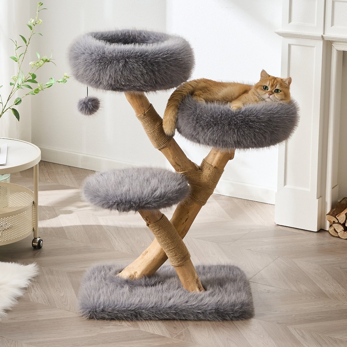 Hittite Modern Aesthetic Natural Wood Cat Tree with Branch-Style Scratching Posts, Natural Loft, Perch, Hanging Ball & Luxury Plush Faux Fur Bed, 24 x 16 x 38-in, BlackSlate Gray