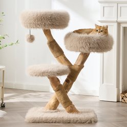 Hittite Modern Aesthetic Natural Wood Cat Tree with Branch-Style Scratching Posts, Natural Loft, Perch, Hanging Ball & Luxury Plush Faux Fur Bed, 24 x 16 x 38-in, Almond Khaki
