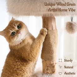 Hittite Modern Aesthetic Cat Tree Tower with Branch-Style Natural Wood Scratching Posts, Luxury Plush Faux Fur Bed, Almond Khaki, 23 x 23 x 54-in slide 2 of 9