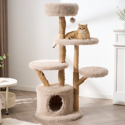 Hittite Modern Aesthetic Cat Tree Tower with Branch-Style Natural Wood Scratching Posts, Luxury Plush Faux Fur Bed, Almond Khaki, 23 x 23 x 58-in