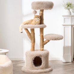 Hittite Modern Aesthetic Cat Tree Tower with Branch-Style Natural Wood Scratching Posts, Luxury Plush Faux Fur Bed, Almond Khaki, 23 x 23 x 54-in