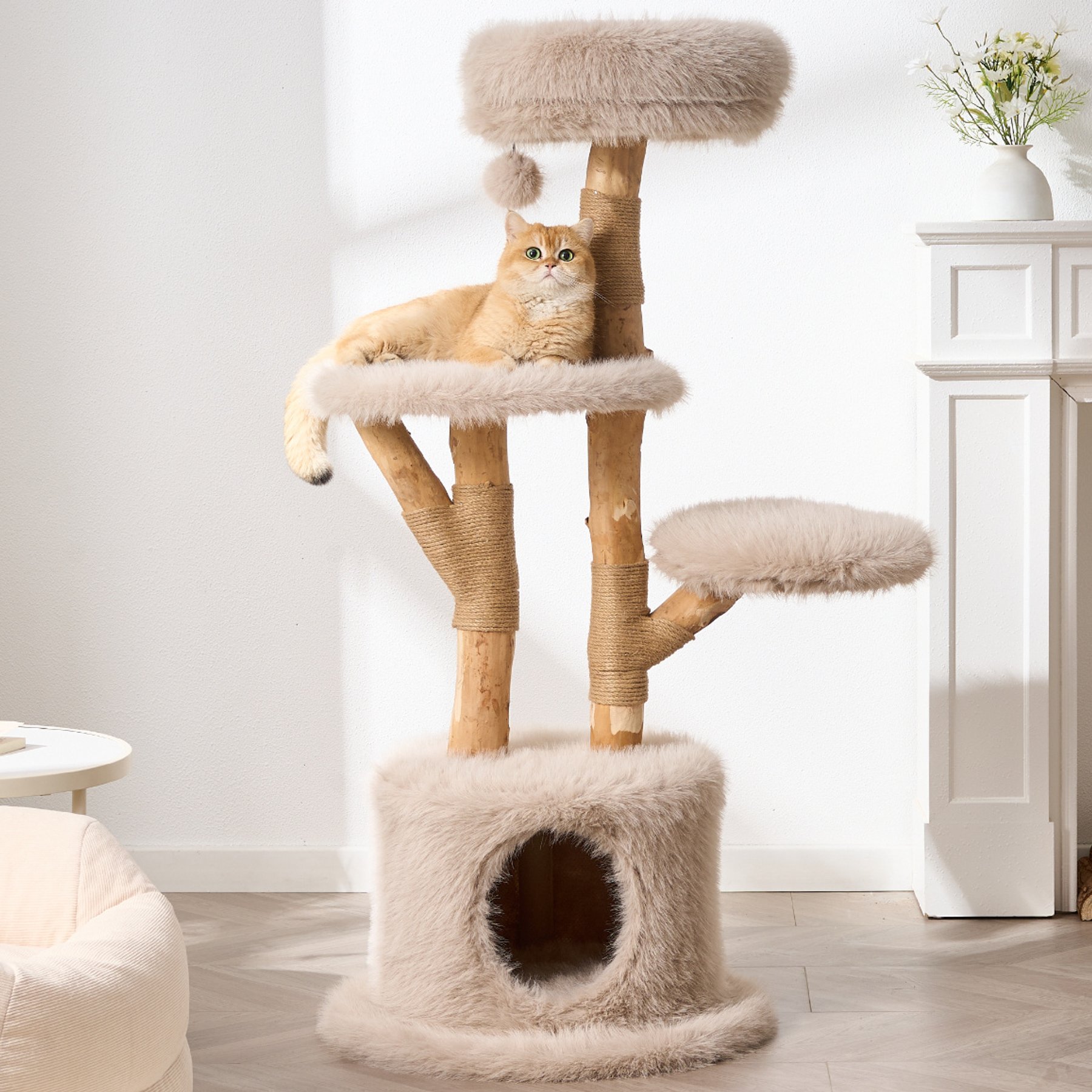 Hittite Modern Aesthetic Cat Tree Tower with Branch-Style Natural Wood Scratching Posts, Luxury Plush Faux Fur Bed, Almond Khaki, 23 x 23 x 54-in
