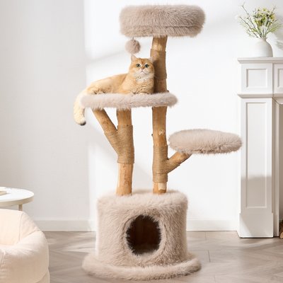 Hittite Hittite Modern Aesthetic Cat Tree Tower with Branch-Style Natural Wood Scratching Posts, Luxury Plush Faux Fur Bed, Almond Khaki, 23 x 23 x 54-in