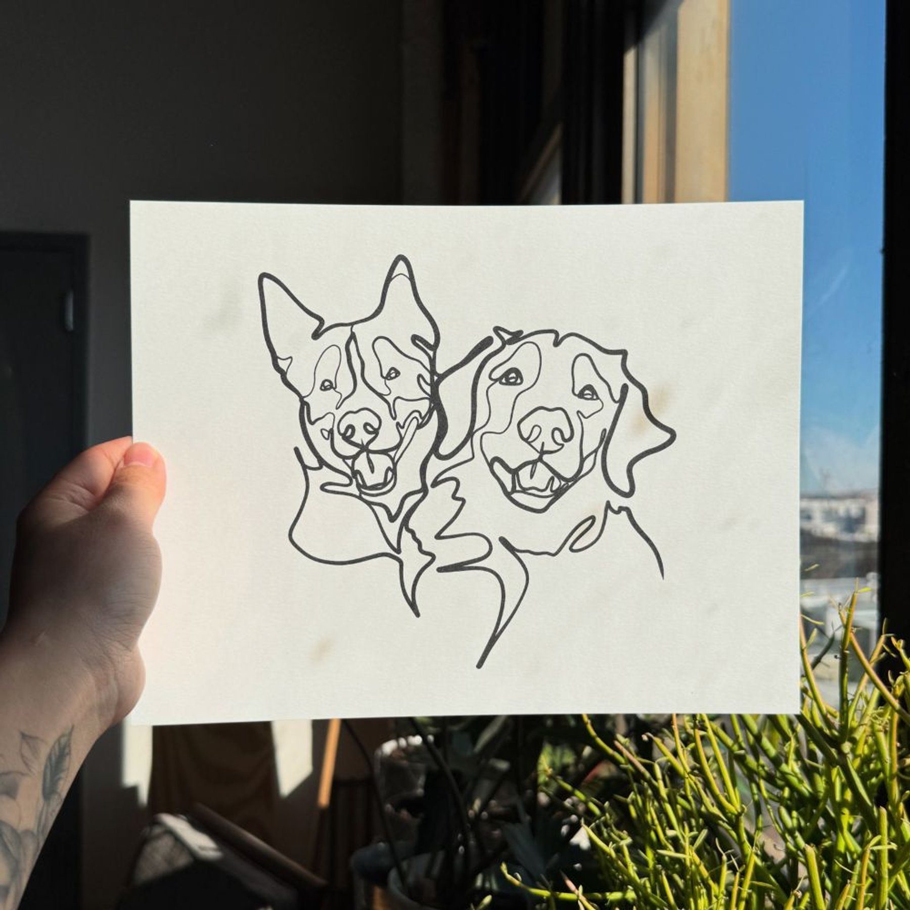 Char and Whiskers Single-line Custom Pet Portrait, 2 Pets: 5.5 x 8.5-in