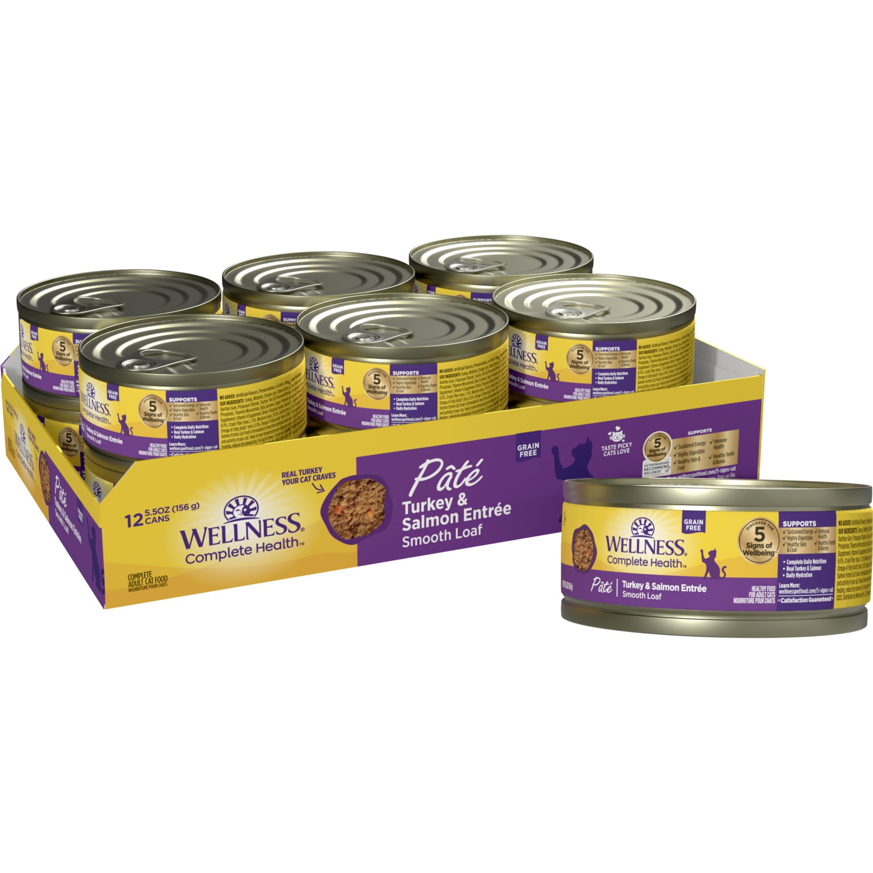 Wellness Complete Health Pate Grain-Free Turkey & Salmon Wet Cat Food, 5.5-oz can, case of 12