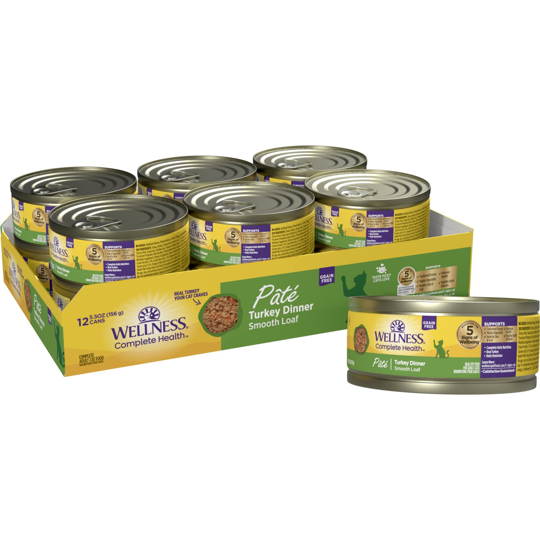 Wellness Complete Health Pate Grain-Free Turkey Wet Cat Food, 5.5-oz can, case of 12