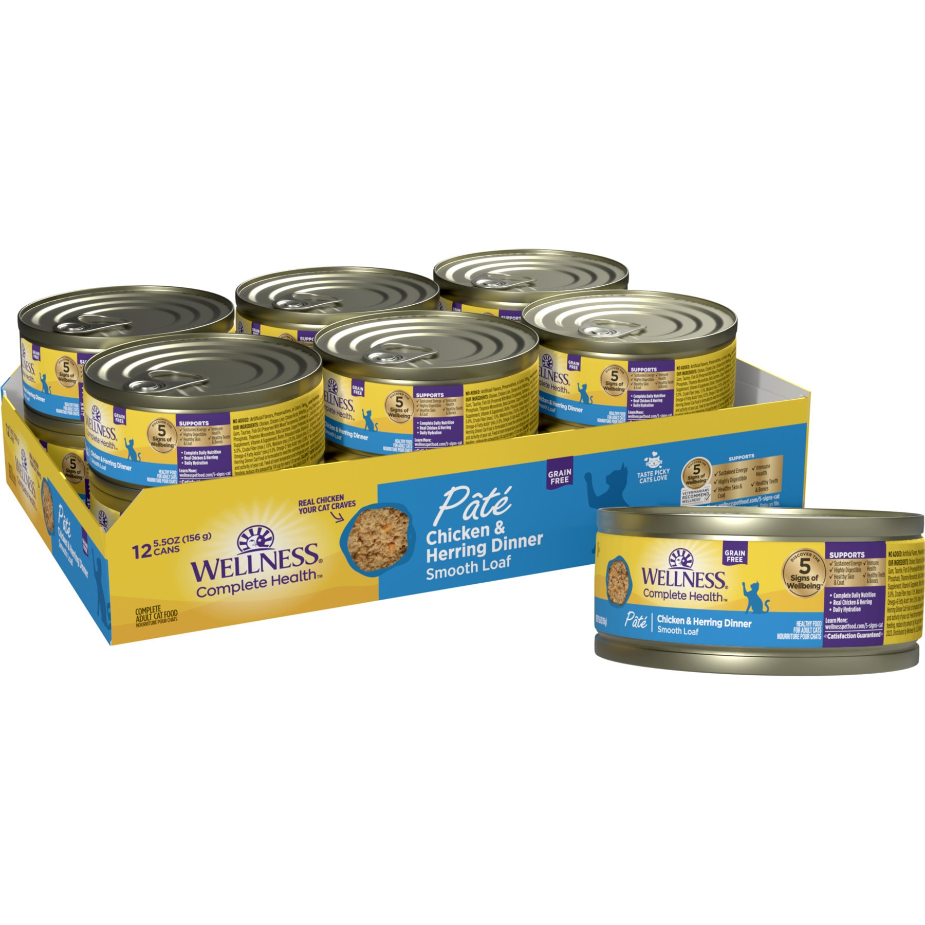 Wellness Complete Health Pate Grain-Free Chicken & Herring Wet Cat Food, 5.5-oz can, case of 12