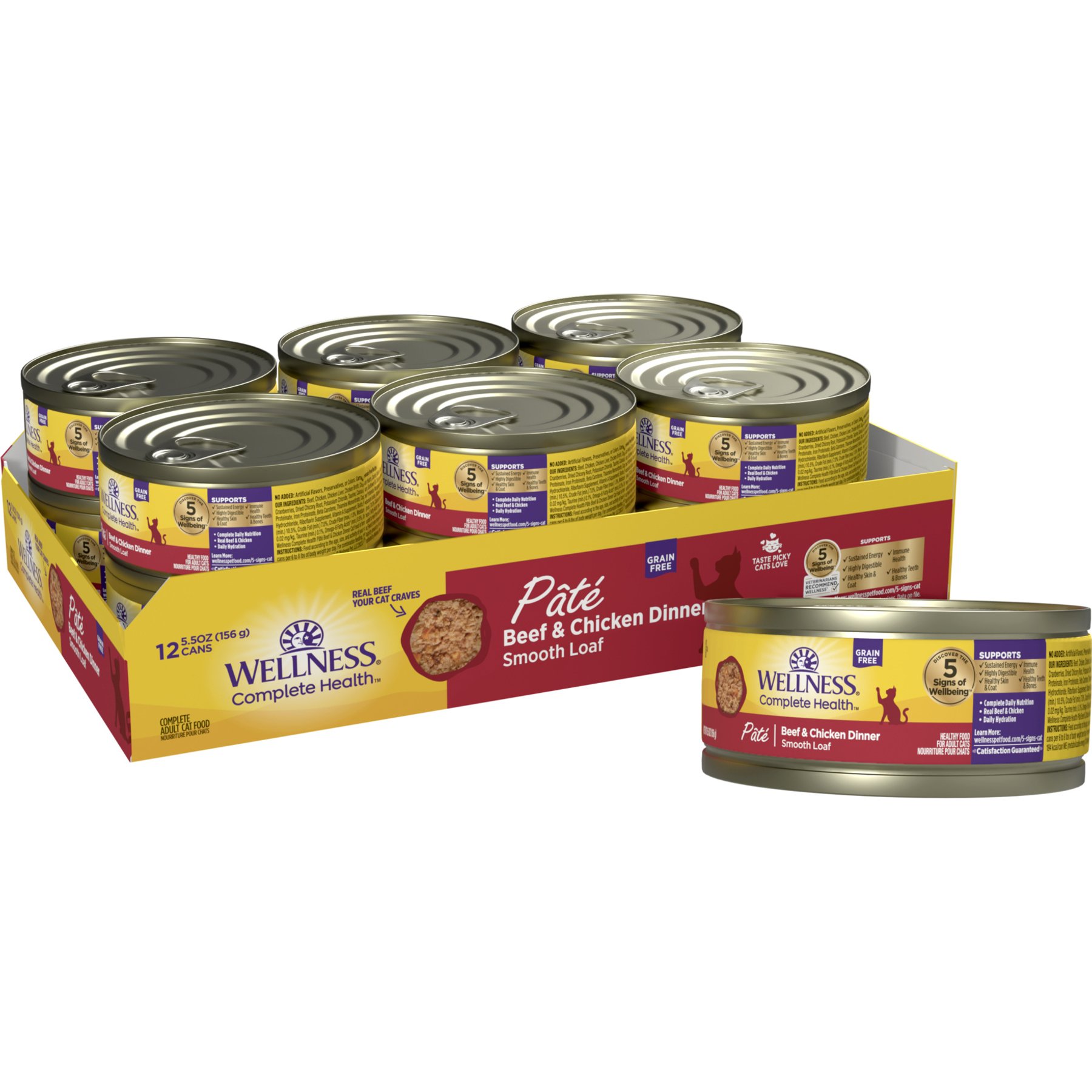 Wellness Complete Health Pate Grain-Free Beef & Chicken Wet Cat Food, 5.5-oz can, case of 12