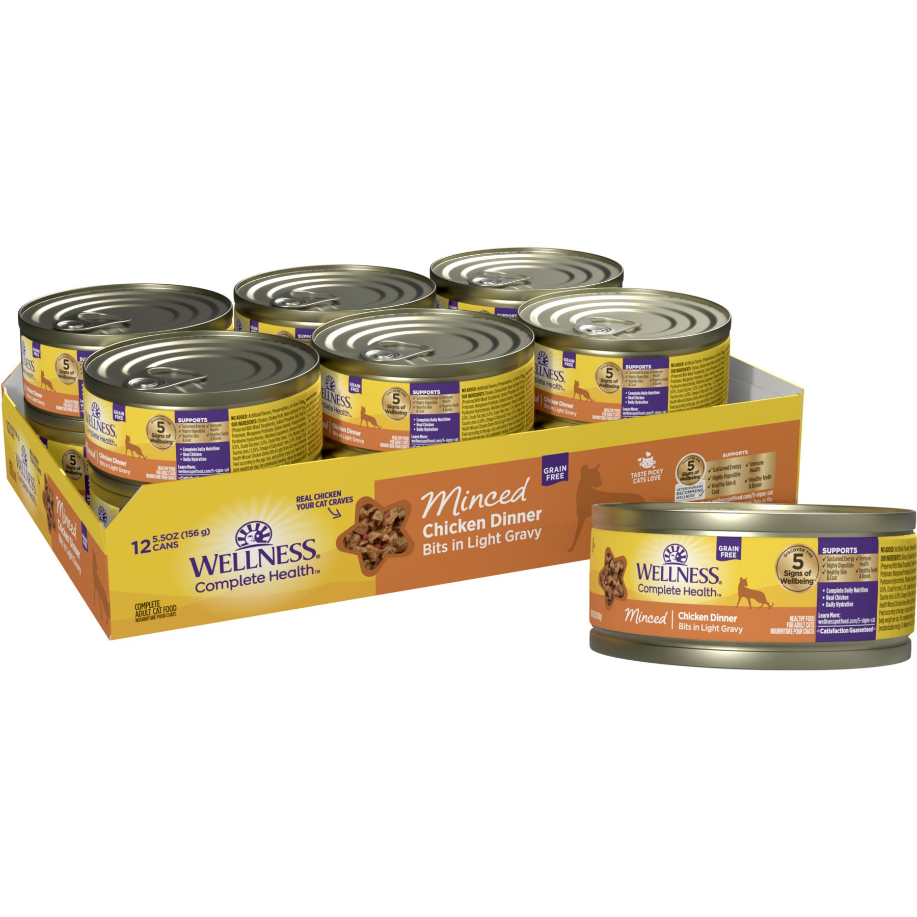 Wellness Complete Health Minced Grain-Free Chicken Entree Wet Cat Food, 5.5-oz can, case of 12