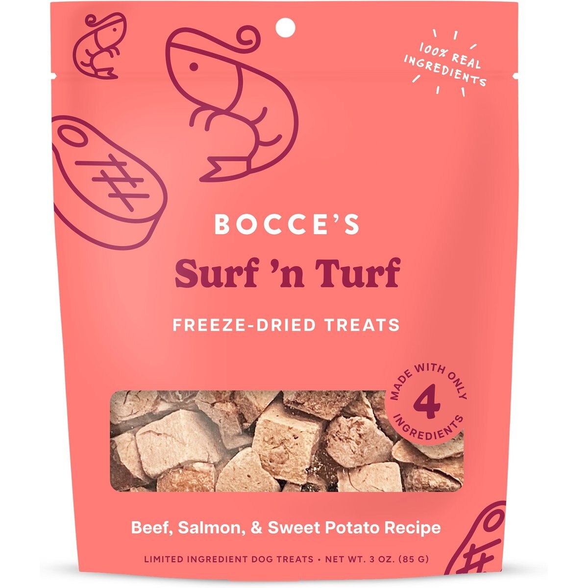Bocce's Bakery Surf & Turf Beef & Salmon High-Protein Freeze-Dried Dog & Cat Treats, 3-oz bag
