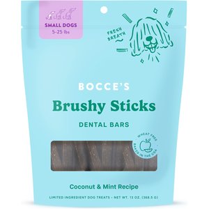 Bocce's Bakery Dailies Brushy Sticks Small Coconut & Mint Recipe Dental Dog Treats, 13-oz bag, 26 count