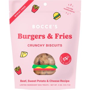 Bocce's Bakery Burgers & Fries Beef, Sweet Potatoes & Cheese Dog Treats, 5-oz bag