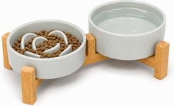 Casfuy Elevated Ceramic Slow Feeder & Dog Bowl Set with Bamboo Stand