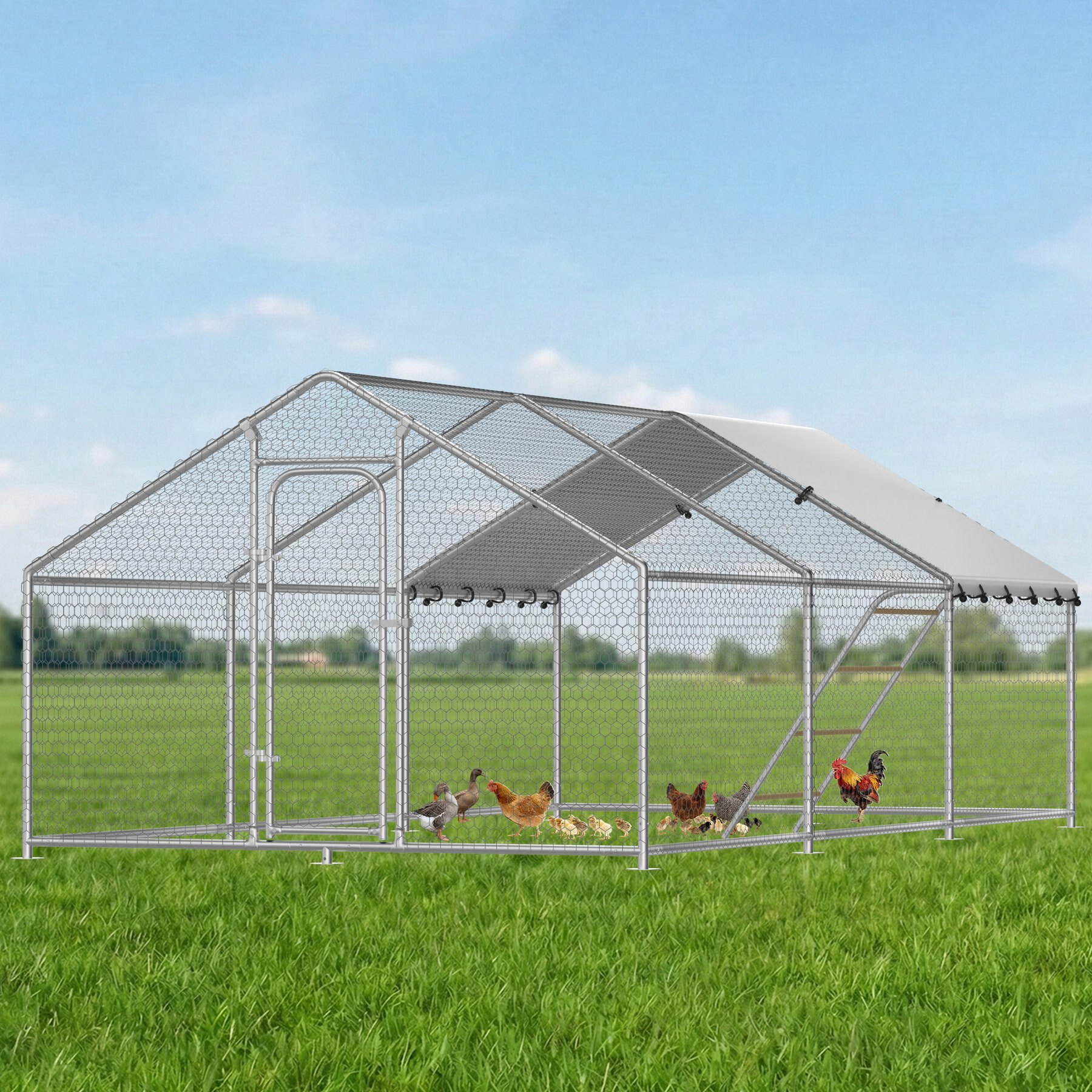 Xbrigh Metal Coop Walk-in Roosting Perch Spire Roof Poultry Cage with Waterproof UV Cover, Silver, 19.7 x 10 x 6.4-in