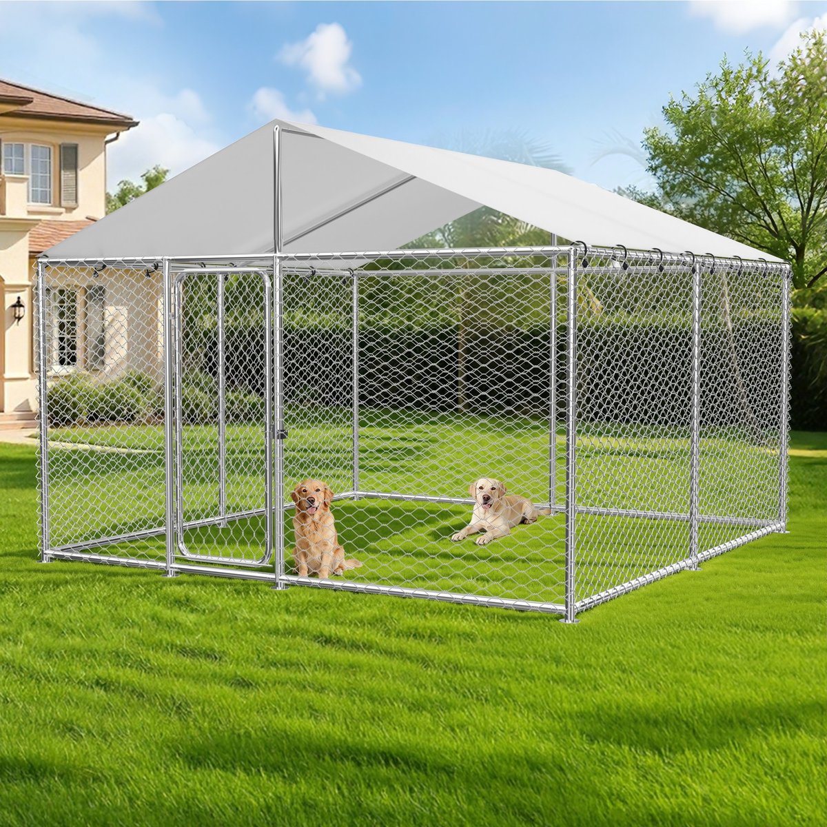 Xbrigh Heavy Duty Outdoor Dog Kennel with Waterproof Cover, Silver, 120 x 120 x 84-in