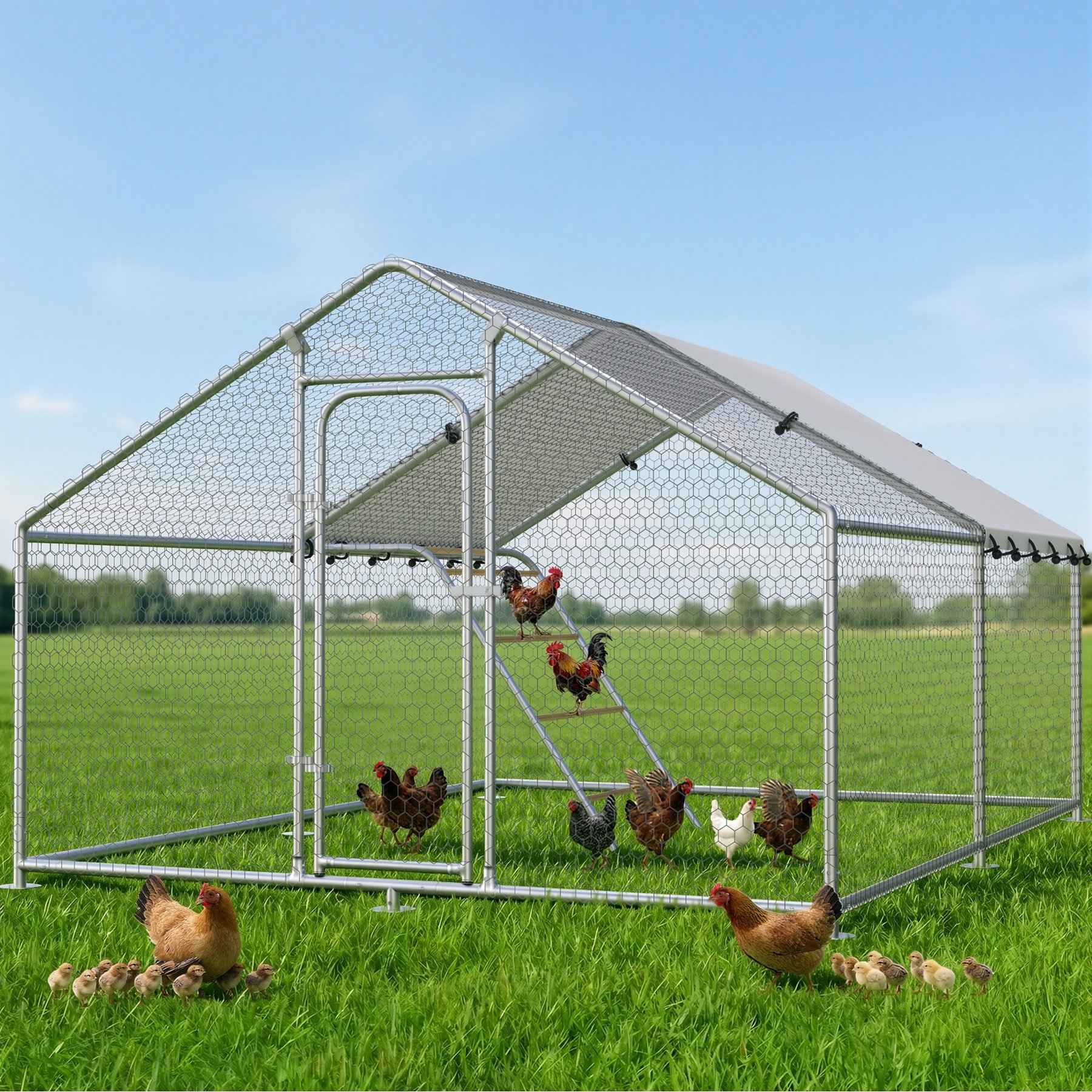 Xbrigh Metal Coop Walk-in Roosting Perch Spire Roof Poultry Cage with Waterproof UV Cover, Silver, 13.2 x 10 x 6.4-in