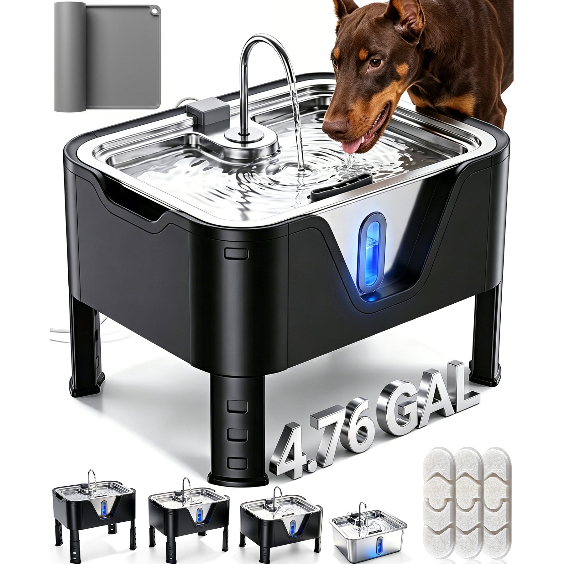 Deftpet Modern 4 Heights Adjustable Elevated Stainless Steel Dog Water Fountain, Silver/Black, 18-L