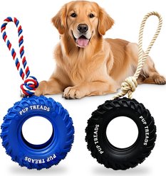 Newget Treat Dispensing Tire Natural Rubber Chew Dog Toy with Rope, Blue