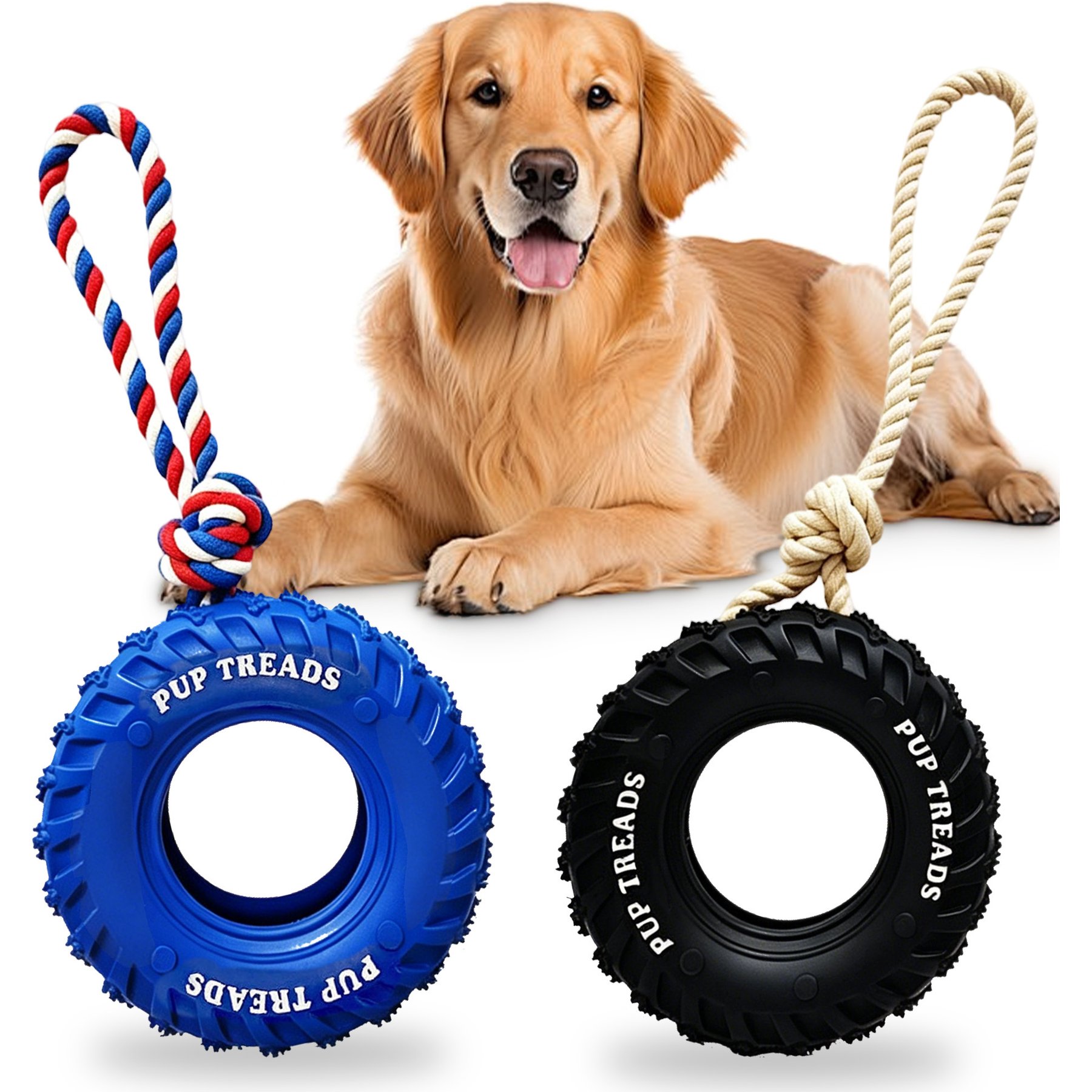 Newget Treat Dispensing Tire Natural Rubber Chew Dog Toy with Rope, Blue