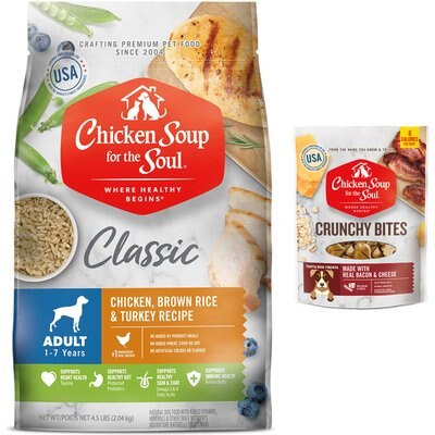 Chicken Soup for the Soul Chicken Soup for the Soul Chicken, Turkey, & Brown Rice Recipe Dry Food, 4.5-lb bag + Crunchy Bites Bacon & Cheese Dog Treats, 12-oz bag