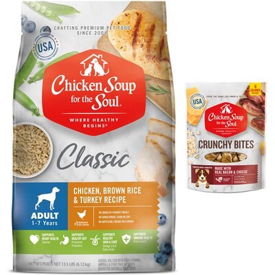 Chicken Soup for the Soul Chicken Soup for the Soul Chicken, Turkey, & Brown Rice Recipe Dry Food, 13.5-lb bag + Crunchy Bites Bacon & Cheese Dog Treats, 12-oz bag