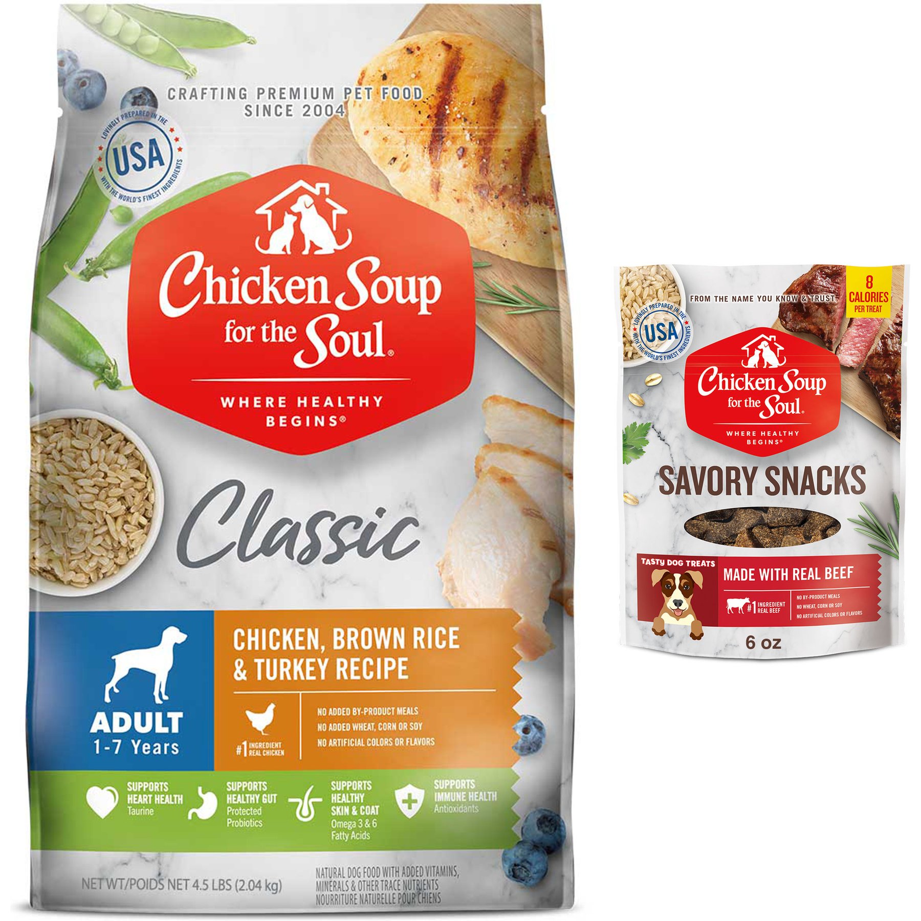 Chicken Soup for the Soul Chicken, Turkey, & Brown Rice Recipe Dry Food, 4.5-lb bag + Savory Snacks Beef Dog Treat, 6-oz bag