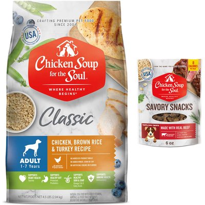 Chicken Soup for the Soul Chicken Soup for the Soul Chicken, Turkey, & Brown Rice Recipe Dry Food, 4.5-lb bag + Savory Snacks Beef Dog Treat, 6-oz bag
