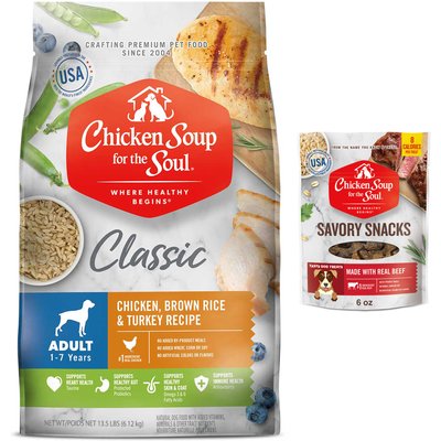 Chicken Soup for the Soul Chicken Soup for the Soul Chicken, Turkey, & Brown Rice Recipe Dry Food, 13.5-lb bag + Savory Snacks Beef Dog Treat, 6-oz bag