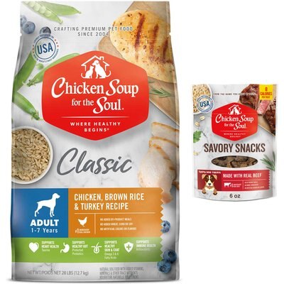 Chicken Soup for the Soul Chicken Soup for the Soul Chicken, Turkey, & Brown Rice Recipe Dry Food, 28-lb bag + Savory Snacks Beef Dog Treat, 6-oz bag
