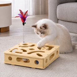 NonoPets Interactive Wooden Puzzle Box with Feather Wand Balls Hide & Seek Training Spring Plush Cat Toy