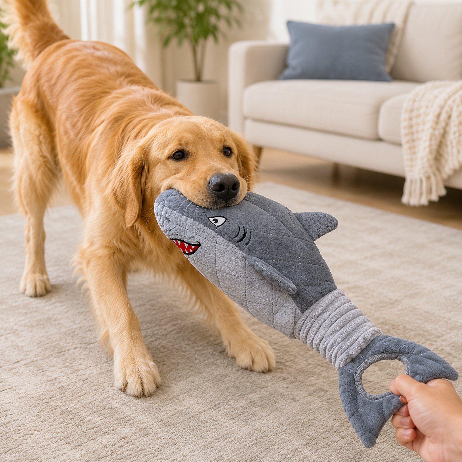 NonoPets Shark Plush Squeaky Durable Stuffed Animal Shape Interactive Dog Toy, Grey