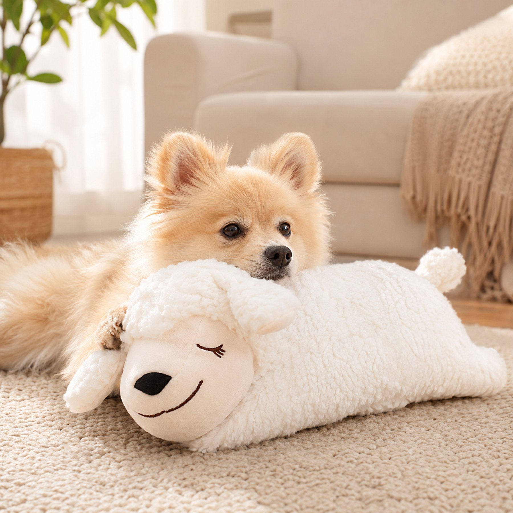 NonoPets Interactive Heartbeat Motion Simulation Squeaky Calming Companion Plush Dog Toy with Soft Cover, White