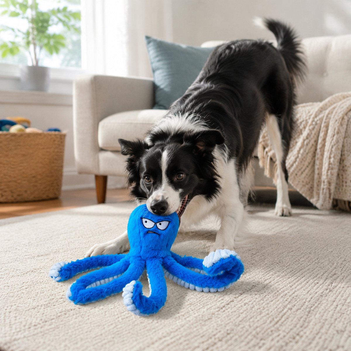 NonoPets Blue Octopus Plush Squeaky Toy Extra Long Tentacles Durable Interactive Dog Chew Toy