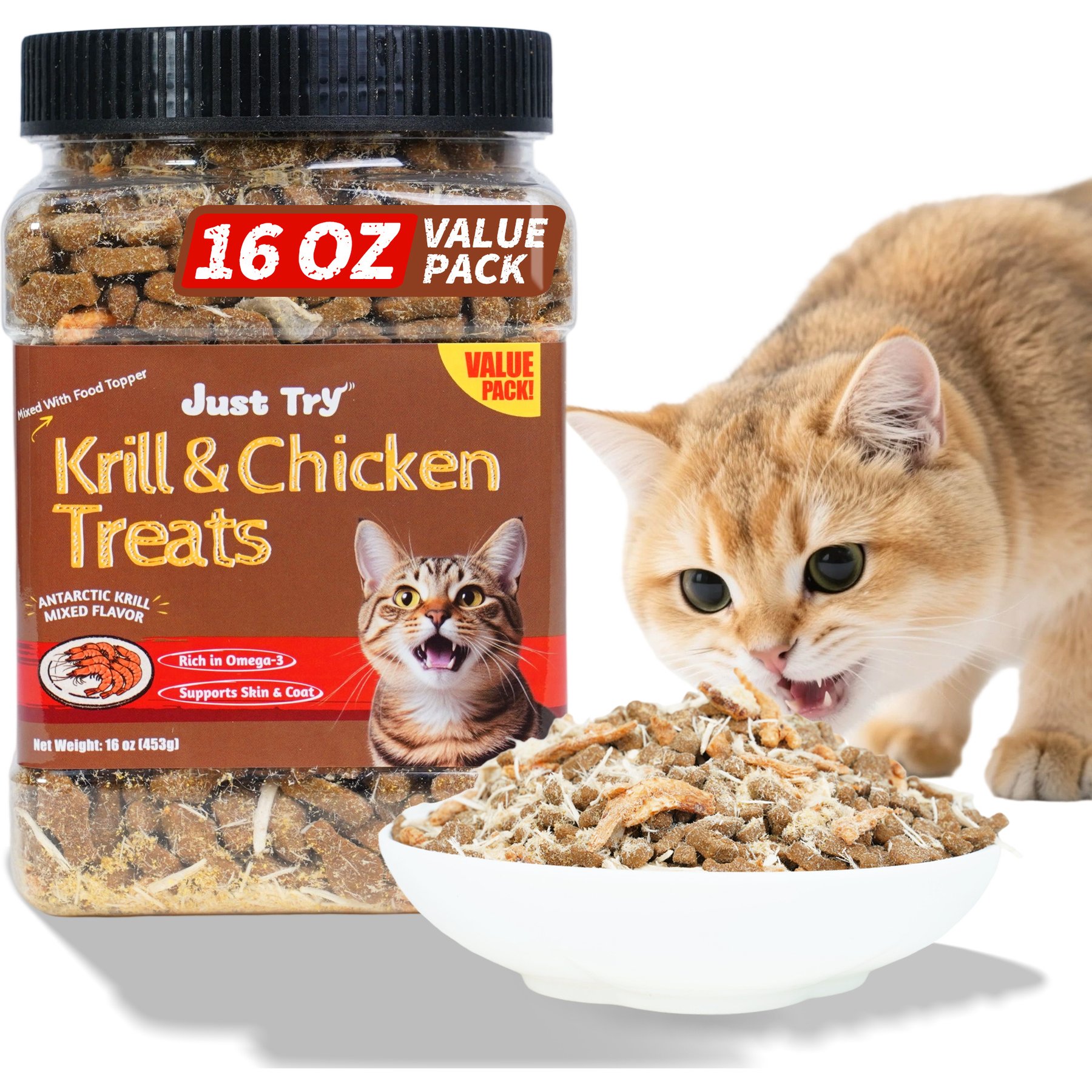 Just Try Krill & Chicken Crunchy Cat Treats, 16-oz